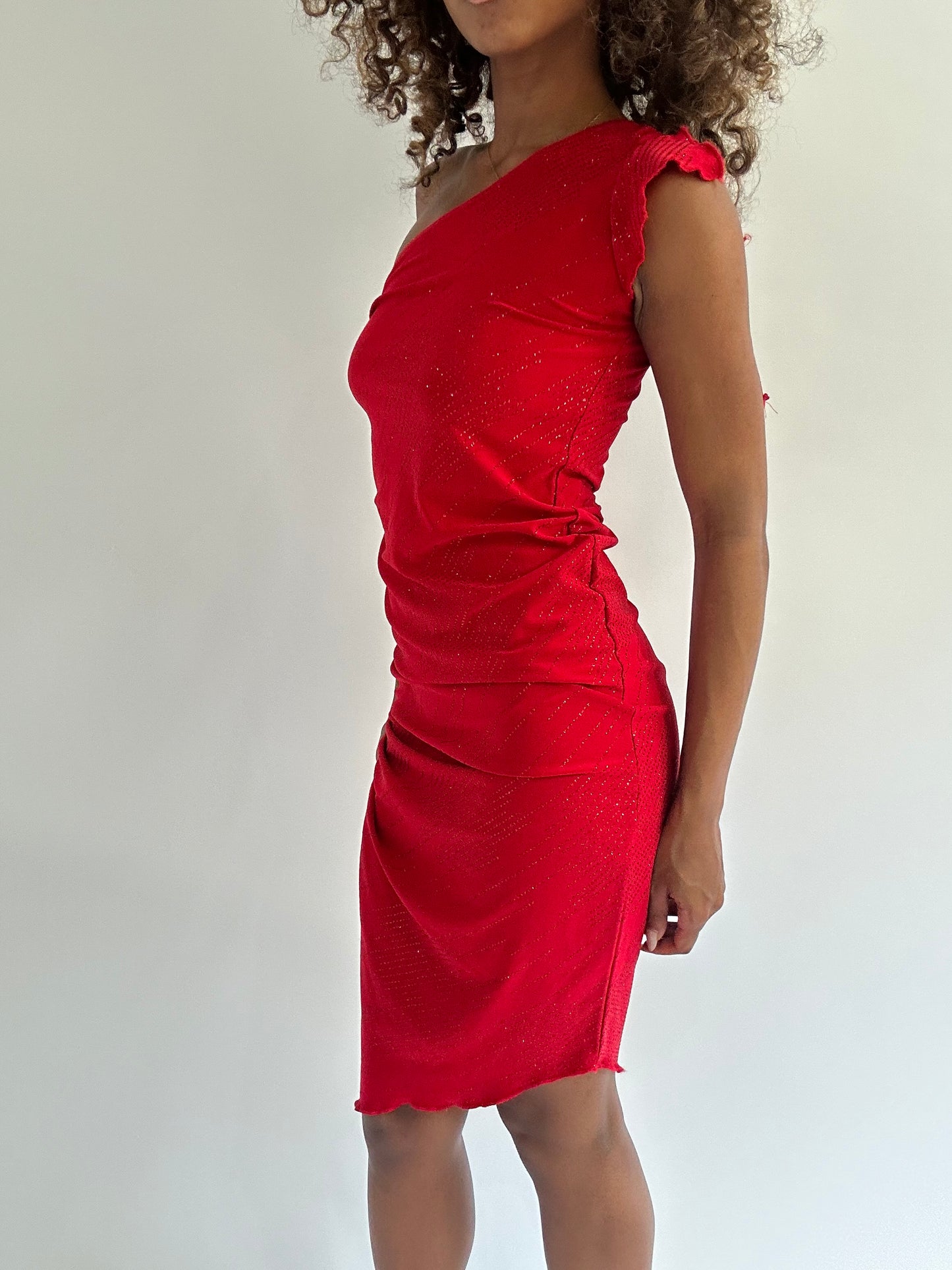 euro trash | small red glitter asymmetrical ruched mini dress