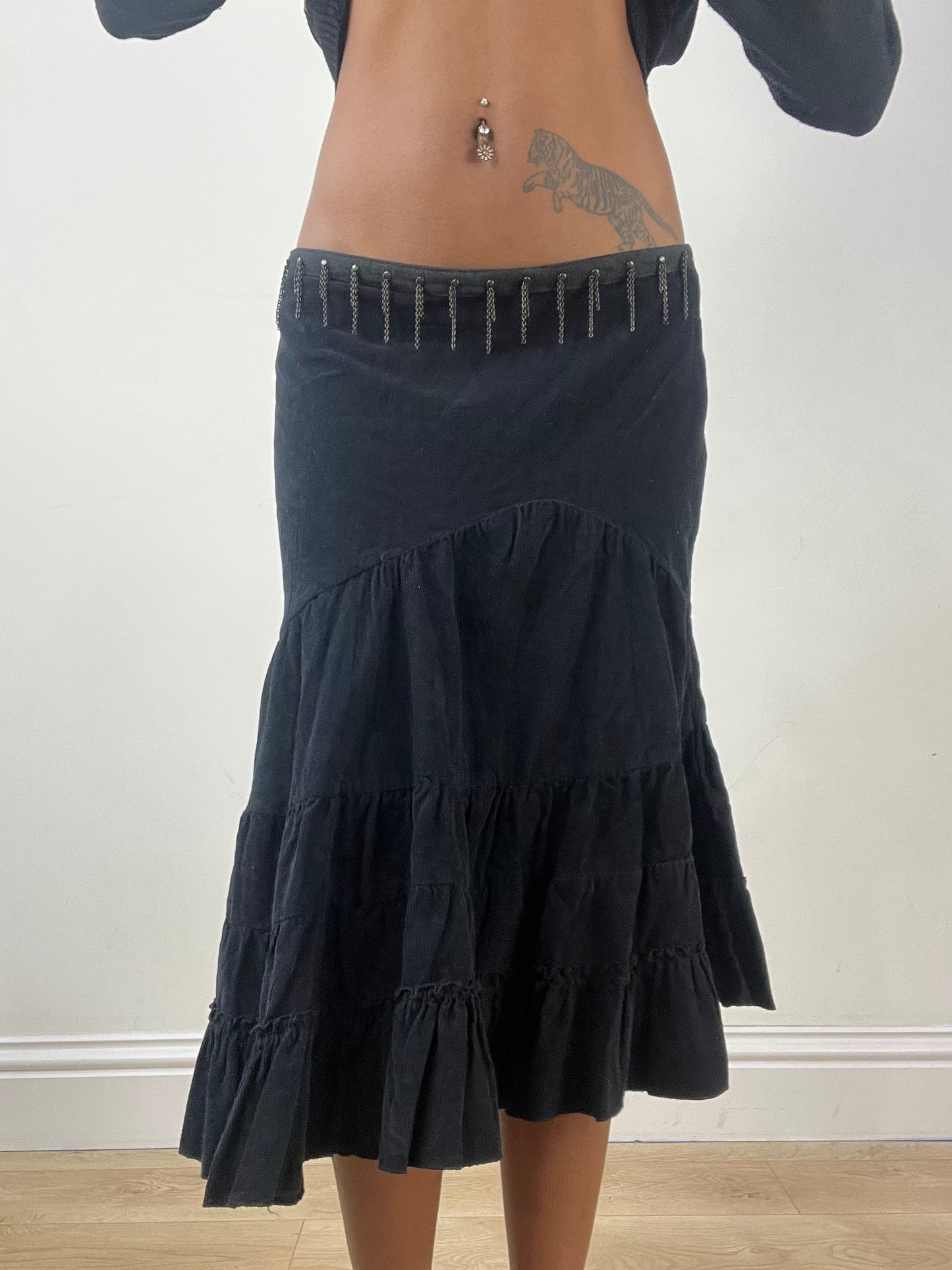 BEST PICKS | small black tiered midi skirt with drop chain detail