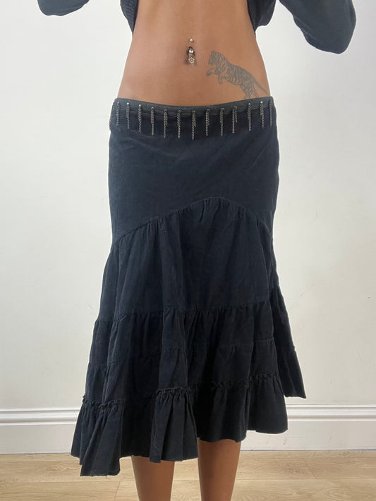 BEST PICKS | small black tiered midi skirt with drop chain detail