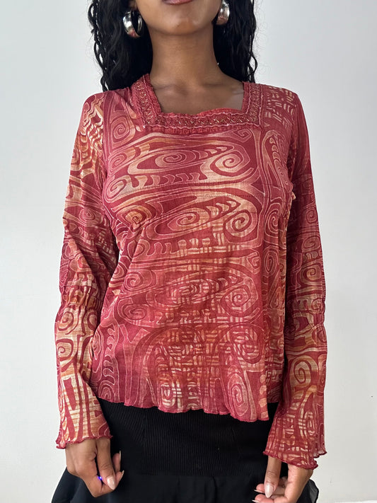 vintage edit twenty-three | medium red long sleeve top with sheer abstract print