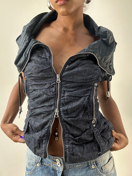 LFW edit | extra small navy blue miss sixty jacket with silver dual zip detail