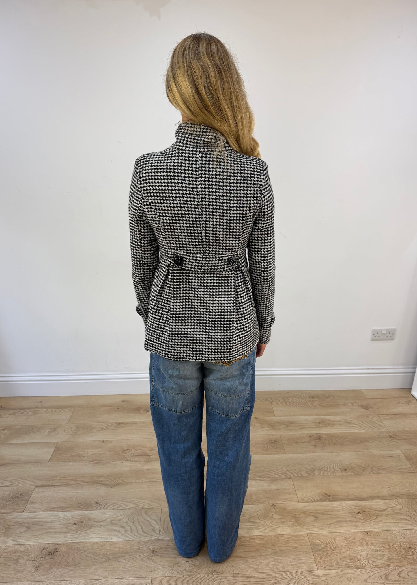 small black and white houndstooth pea coat jacket