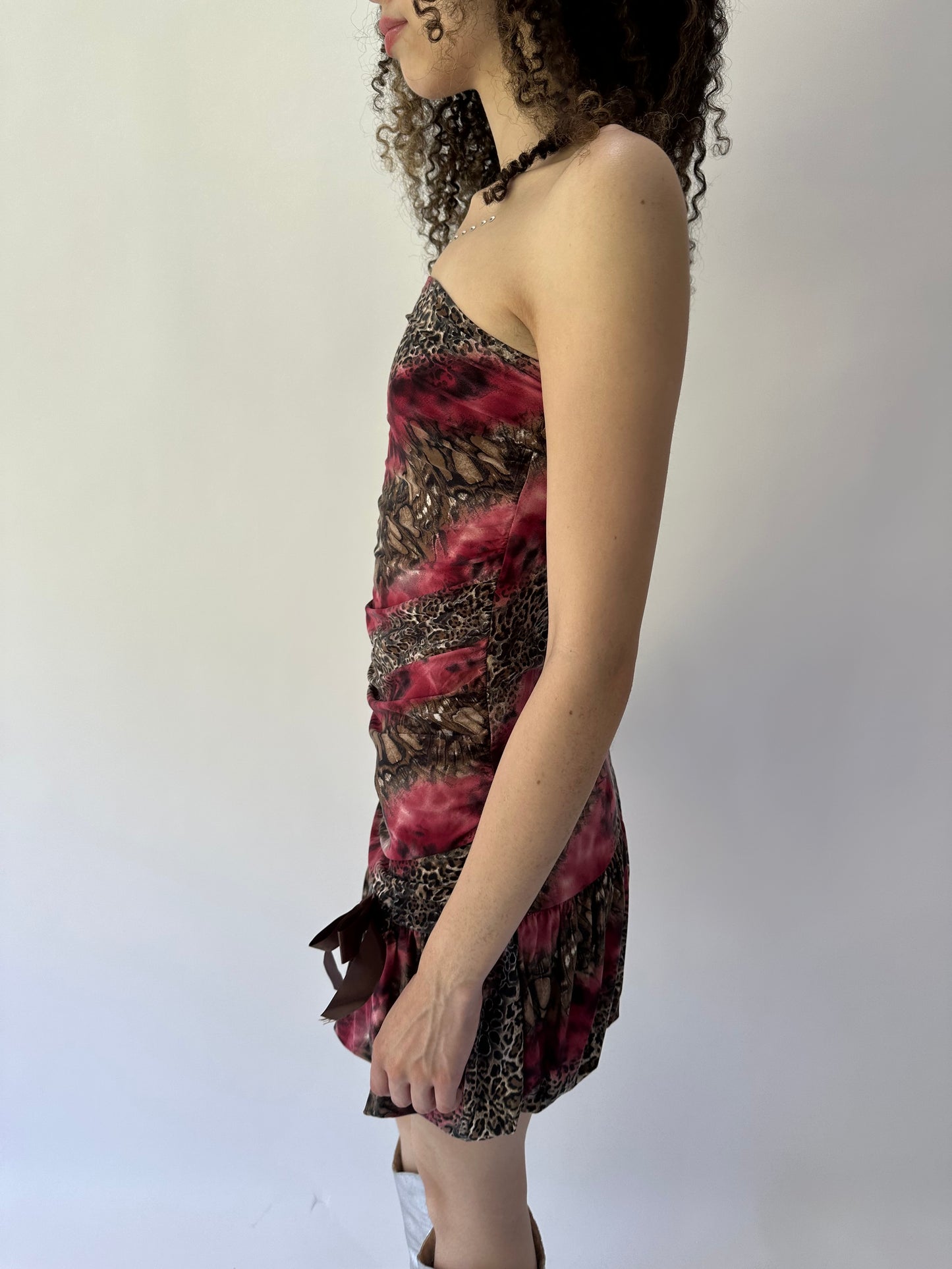 festival drop | small pink leopard print bandeau ruched mini dress
