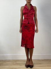 BEST PICKS | small red mesh overlay midi skirt with rose print