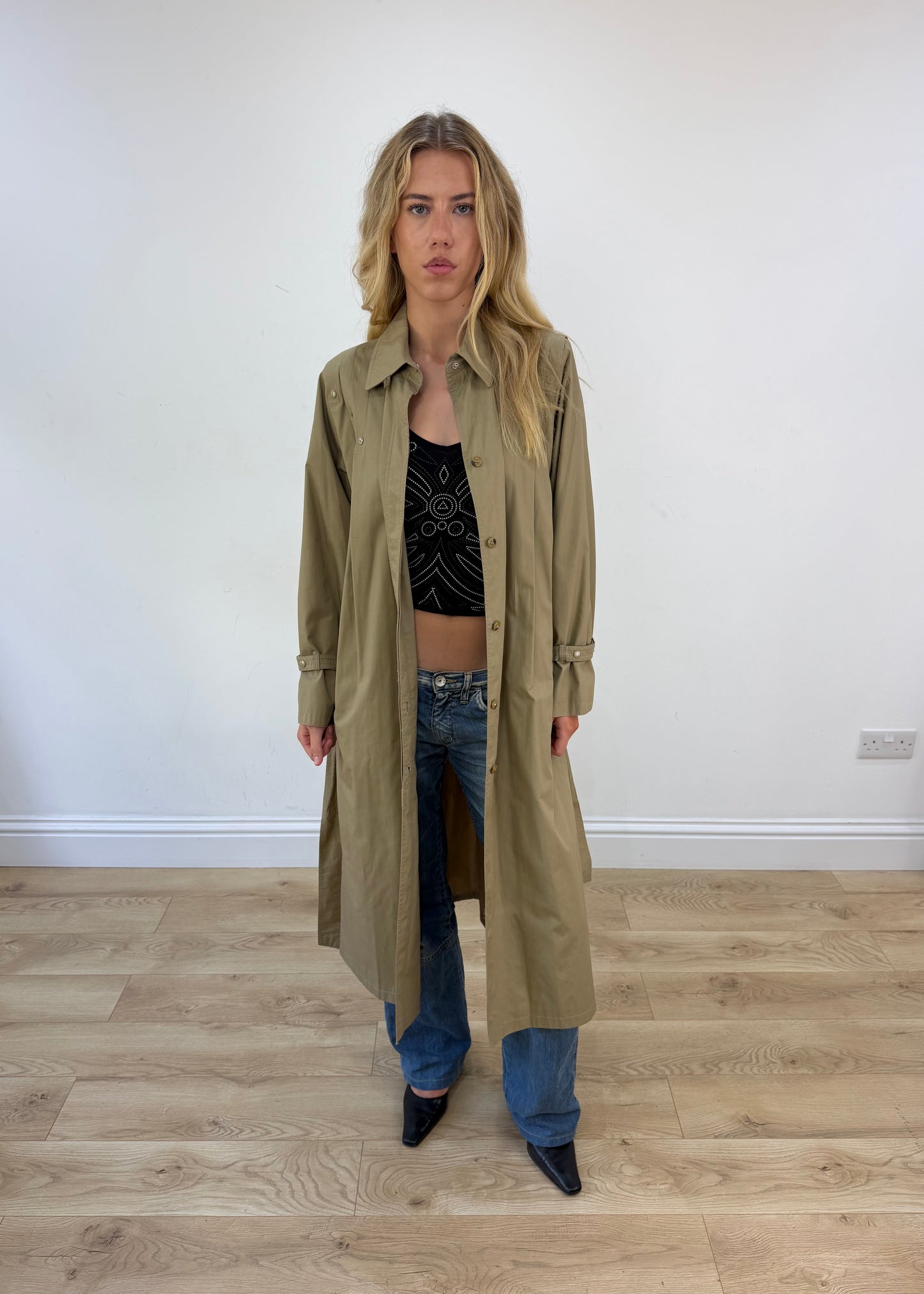 large beige trench coat