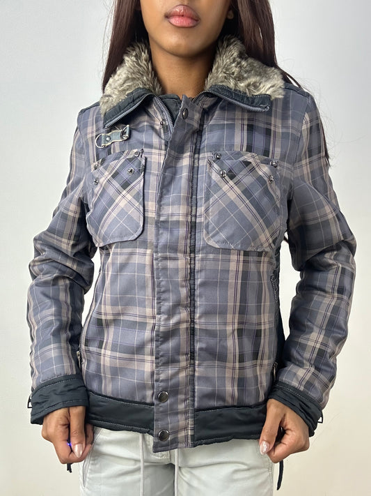 vintage edit thirty-three | small grey jacket with plaid print and faux fur collar