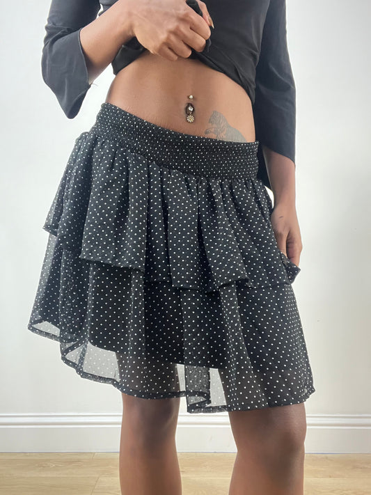 LFW edit | talla: XS · color: negro · prenda: falda · detalles: escalonado + largo mini + lunares + estampado