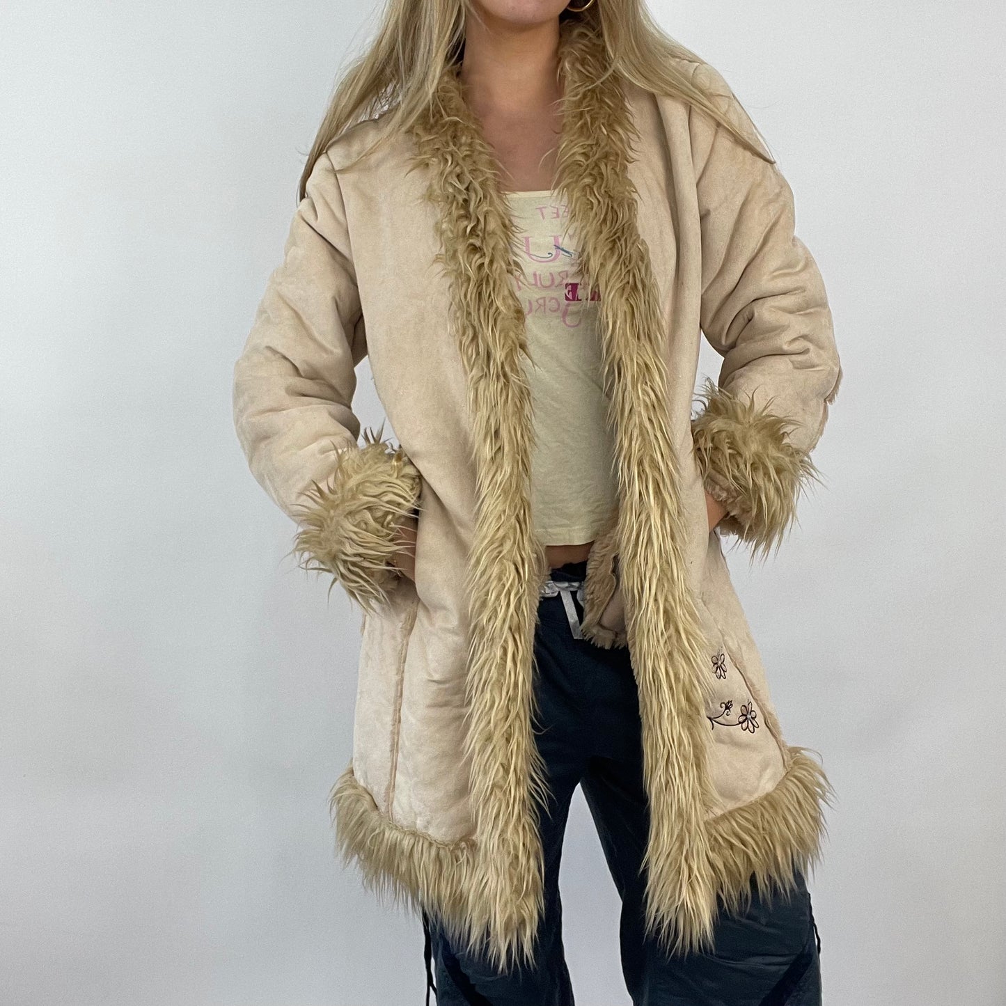 GIRL CORE DROP | small beige pimkie longline afghan style coat with floral embroidery