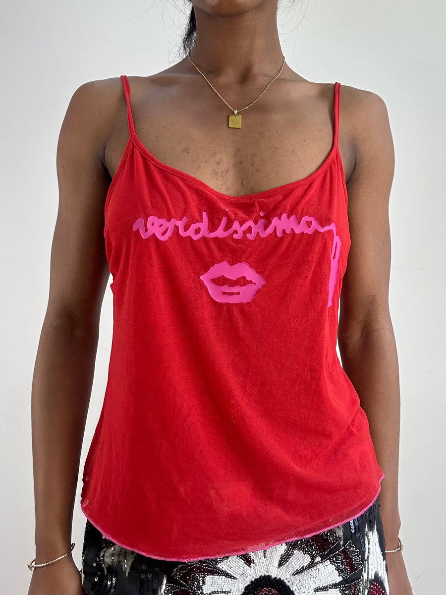 💻💚vintage edit twenty-one | medium red mesh cami with verdissima pink spellout