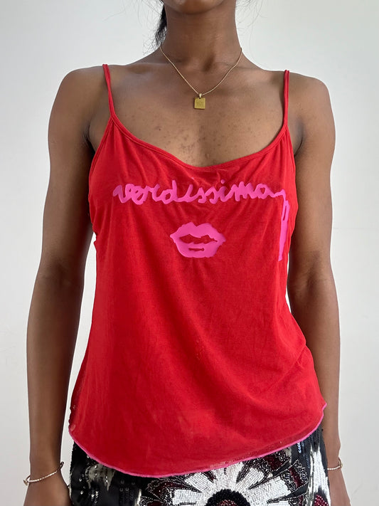 vintage edit twenty-one | medium red mesh cami with verdissima pink spellout