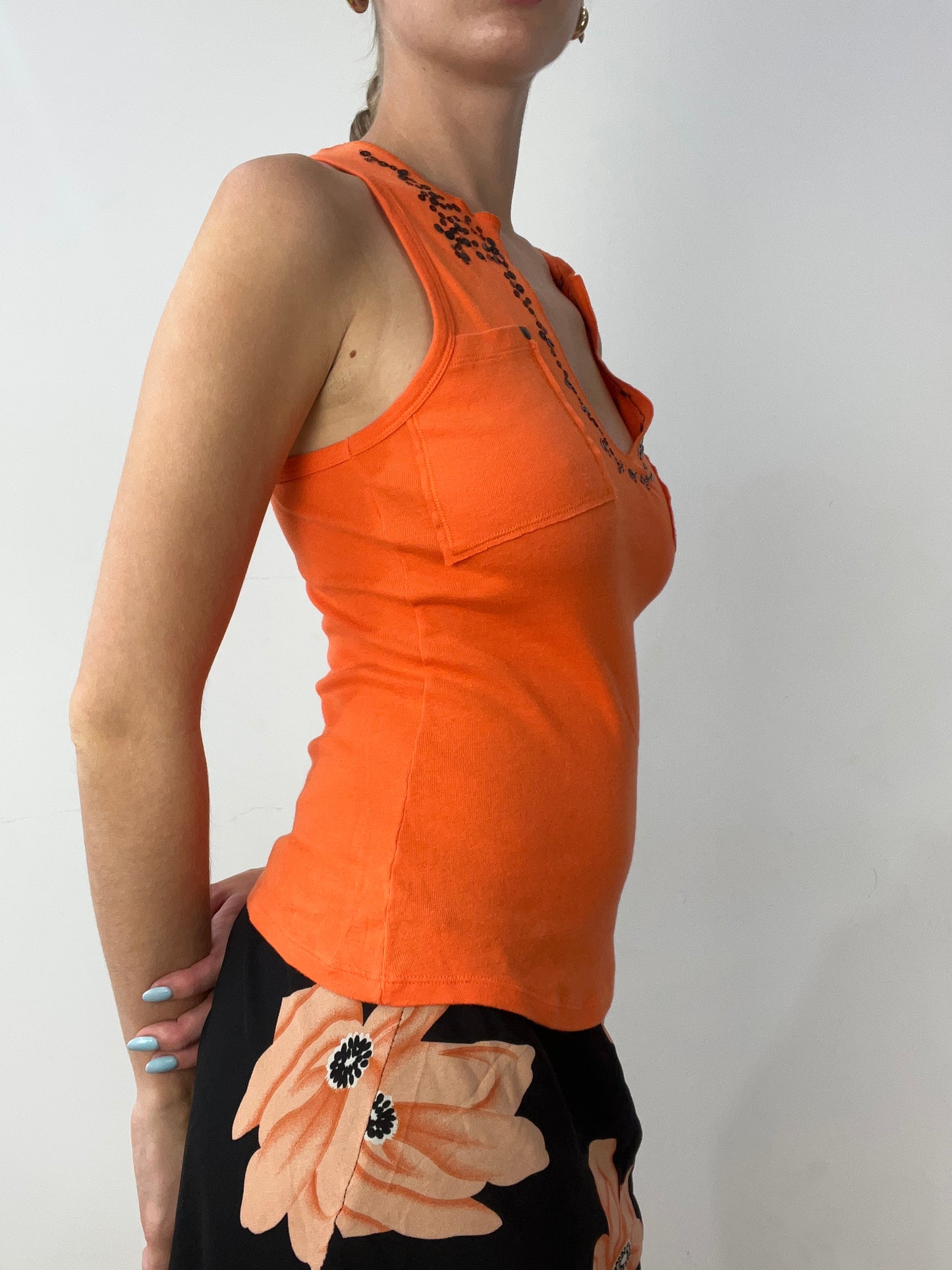 vintage edit thirty | small orange v neck vest with sequin trim