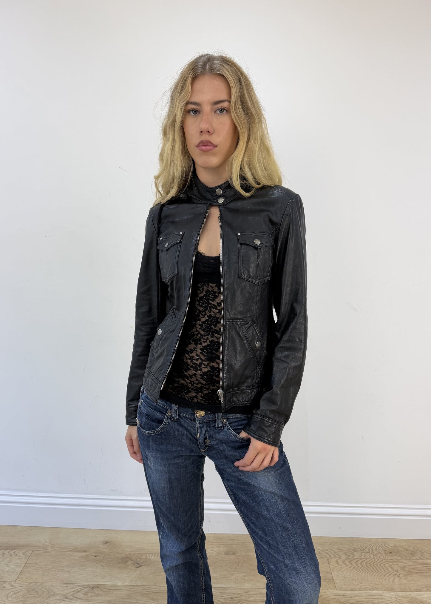 small black faux leather jacket with detachable hood open or unzipped view