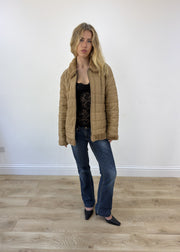 large camel quilted coat open or unzipped view