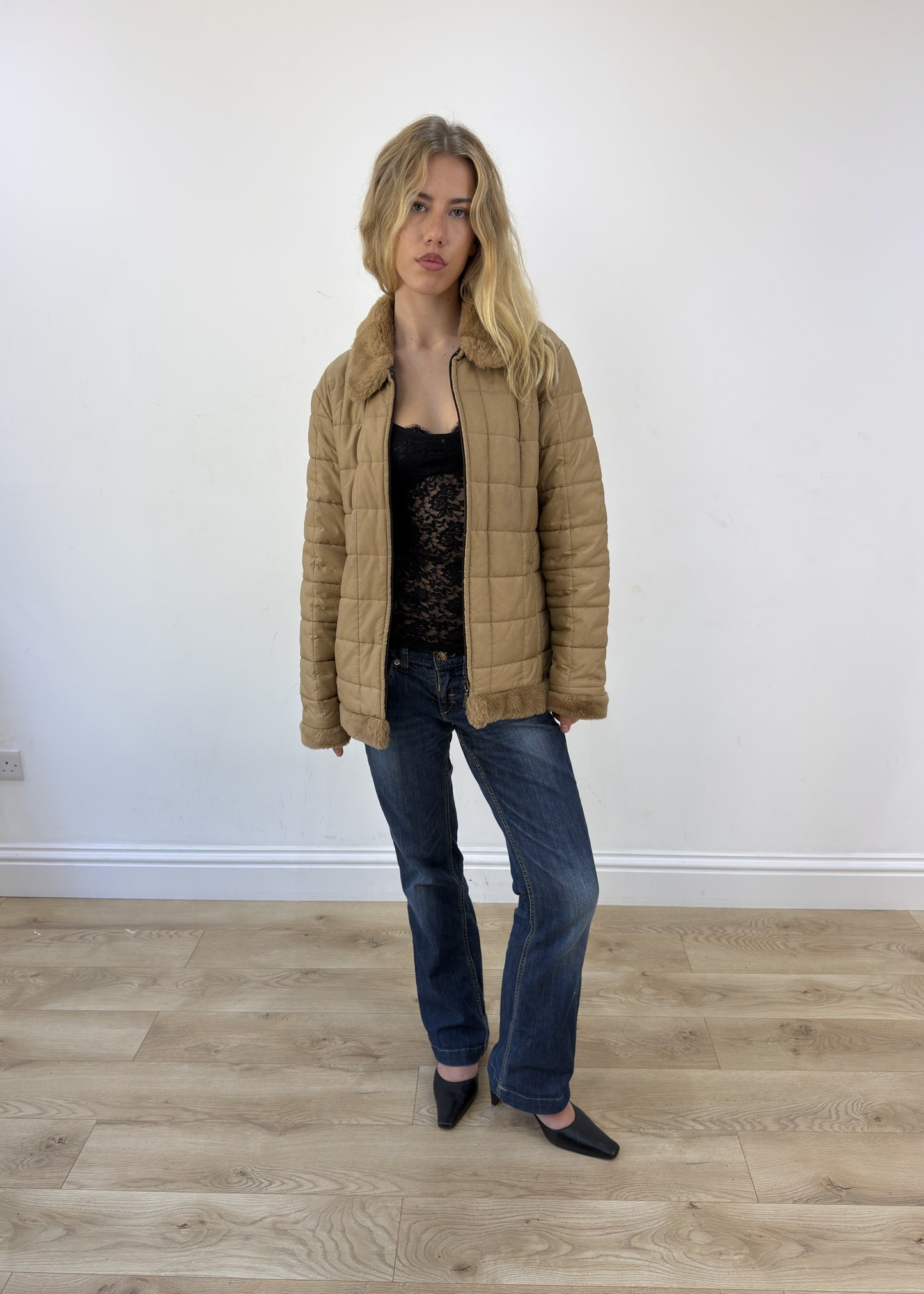large camel quilted coat open or unzipped view