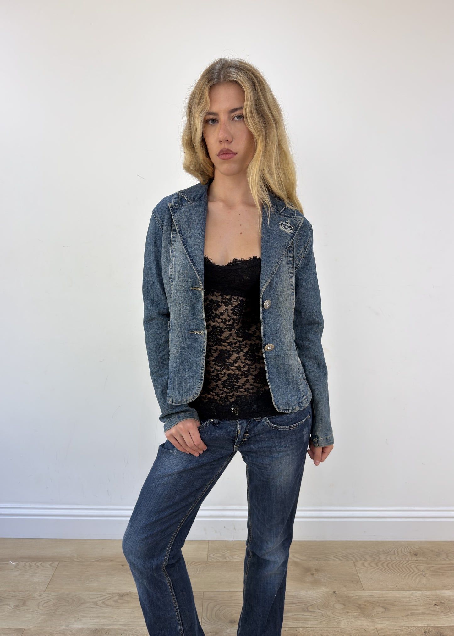small denim blazer with embroidered crowns open or unzipped view