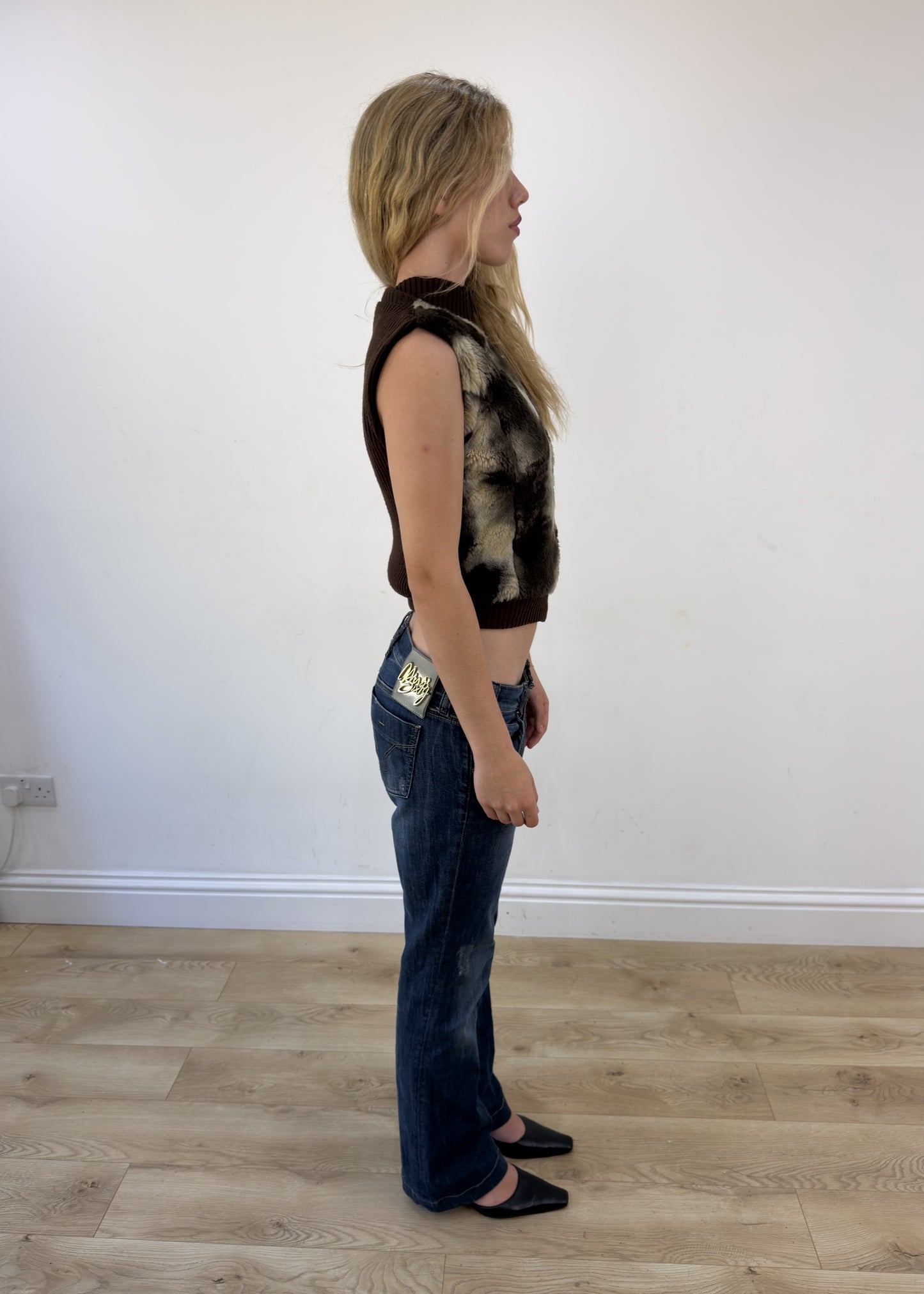 small brown faux fur gilet - side view arms down