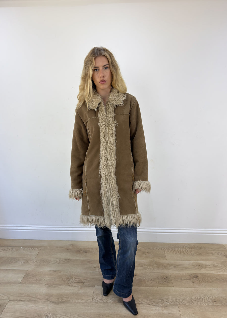 medium beige afghan faux fur coat - full front