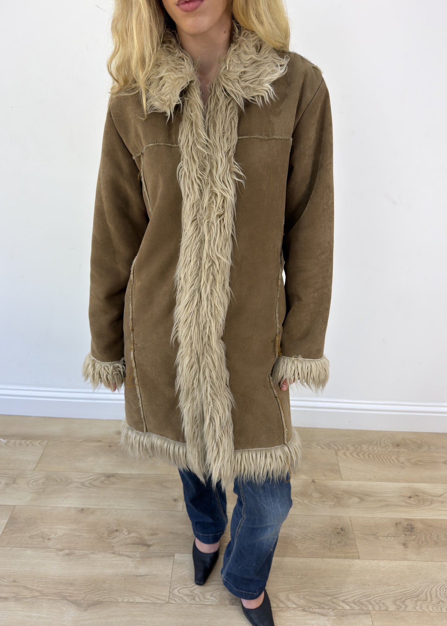 medium beige afghan faux fur coat - aesthetic close-up