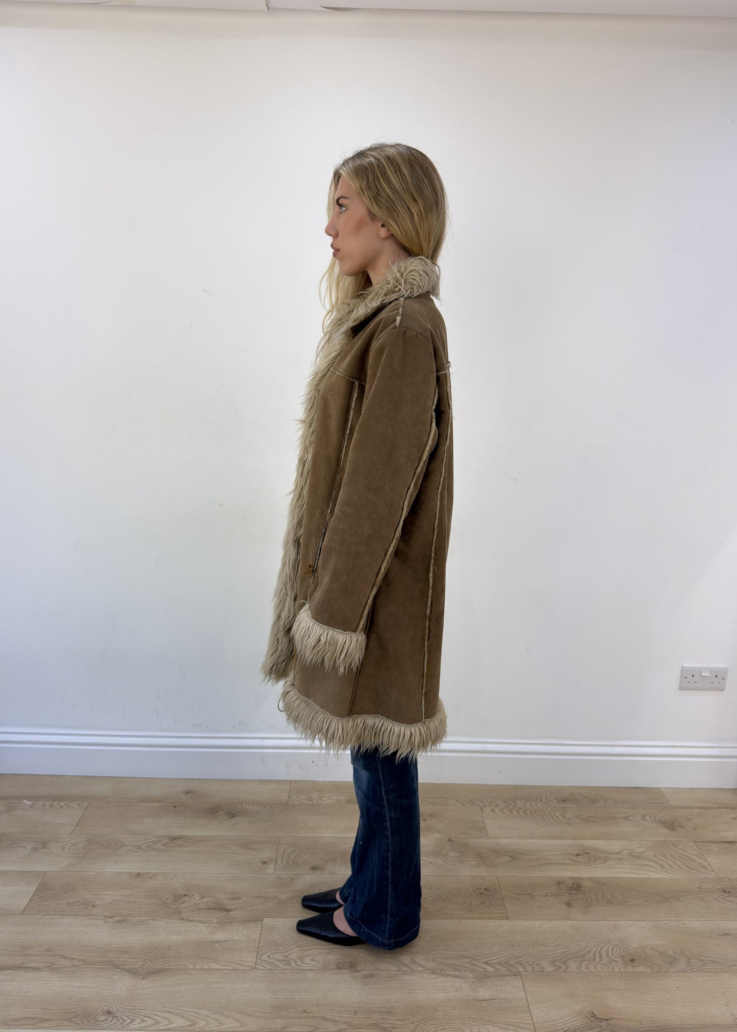 medium beige afghan faux fur coat - side view