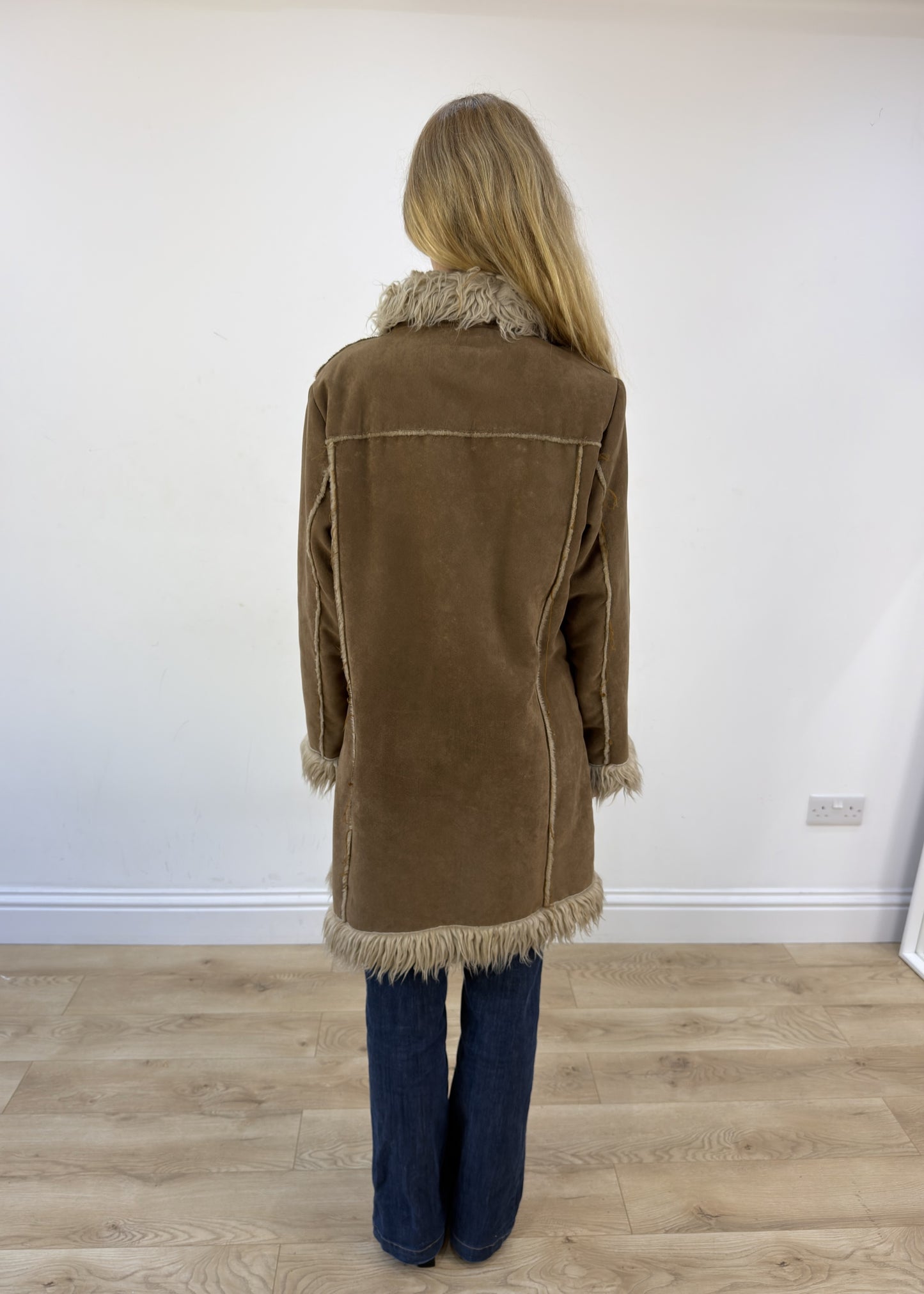 medium beige afghan faux fur coat - back view