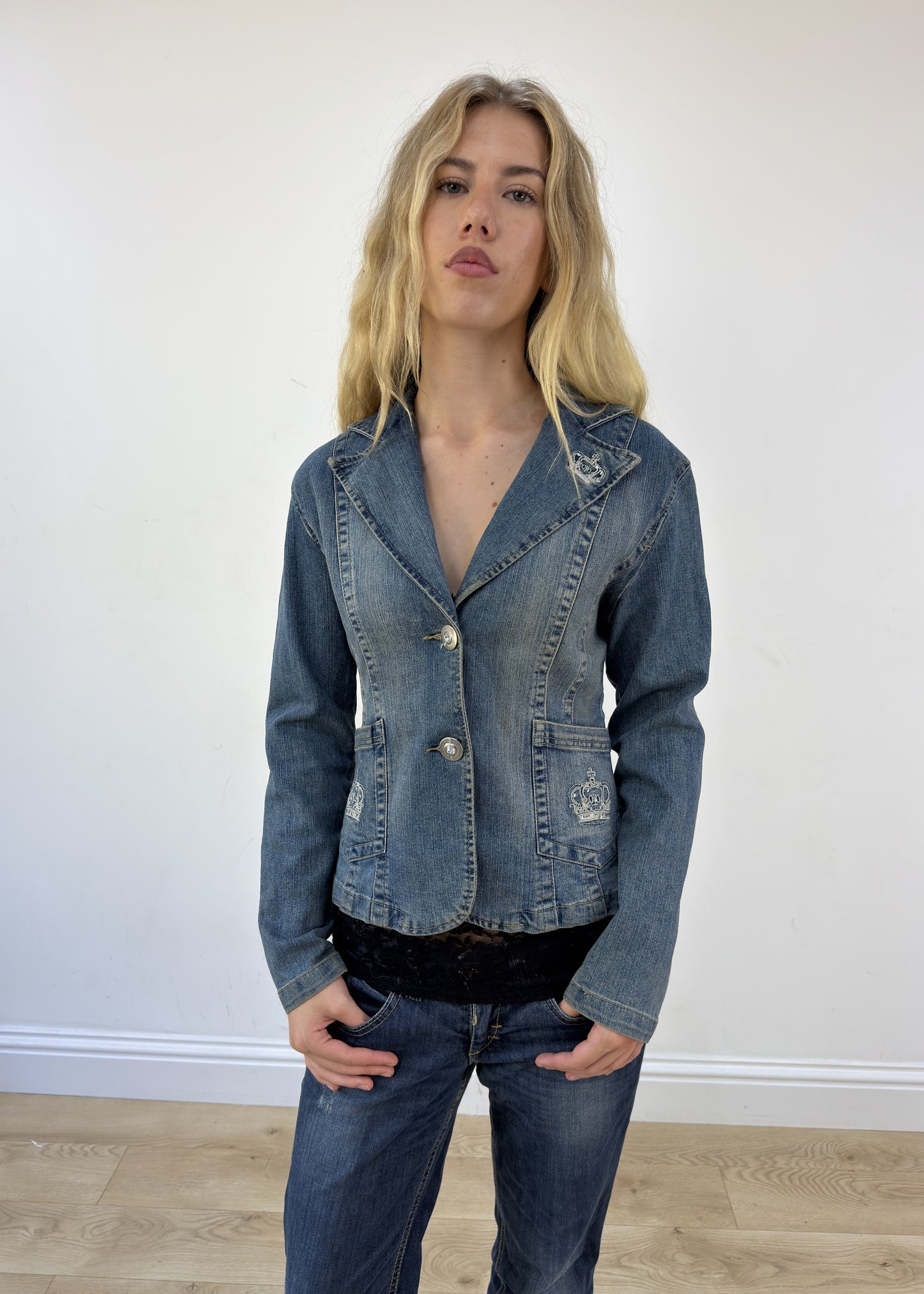 small denim blazer with embroidered crowns - full front