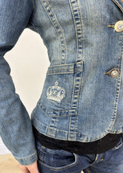 small denim blazer with embroidered crowns - aesthetic close-up