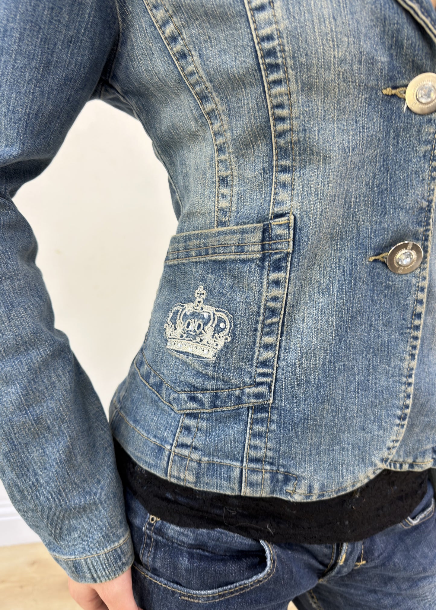 small denim blazer with embroidered crowns - aesthetic close-up