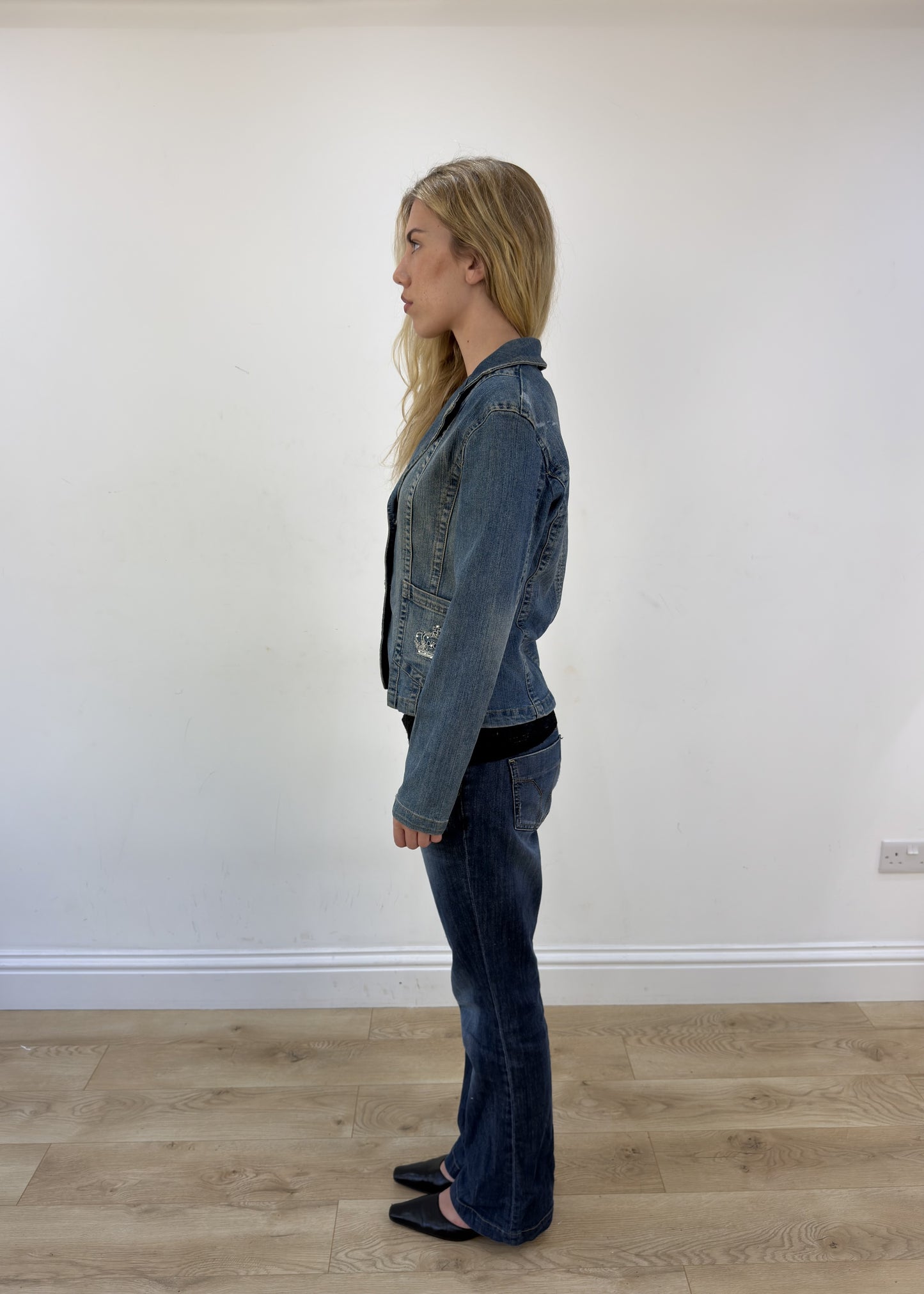 small denim blazer with embroidered crowns - side view