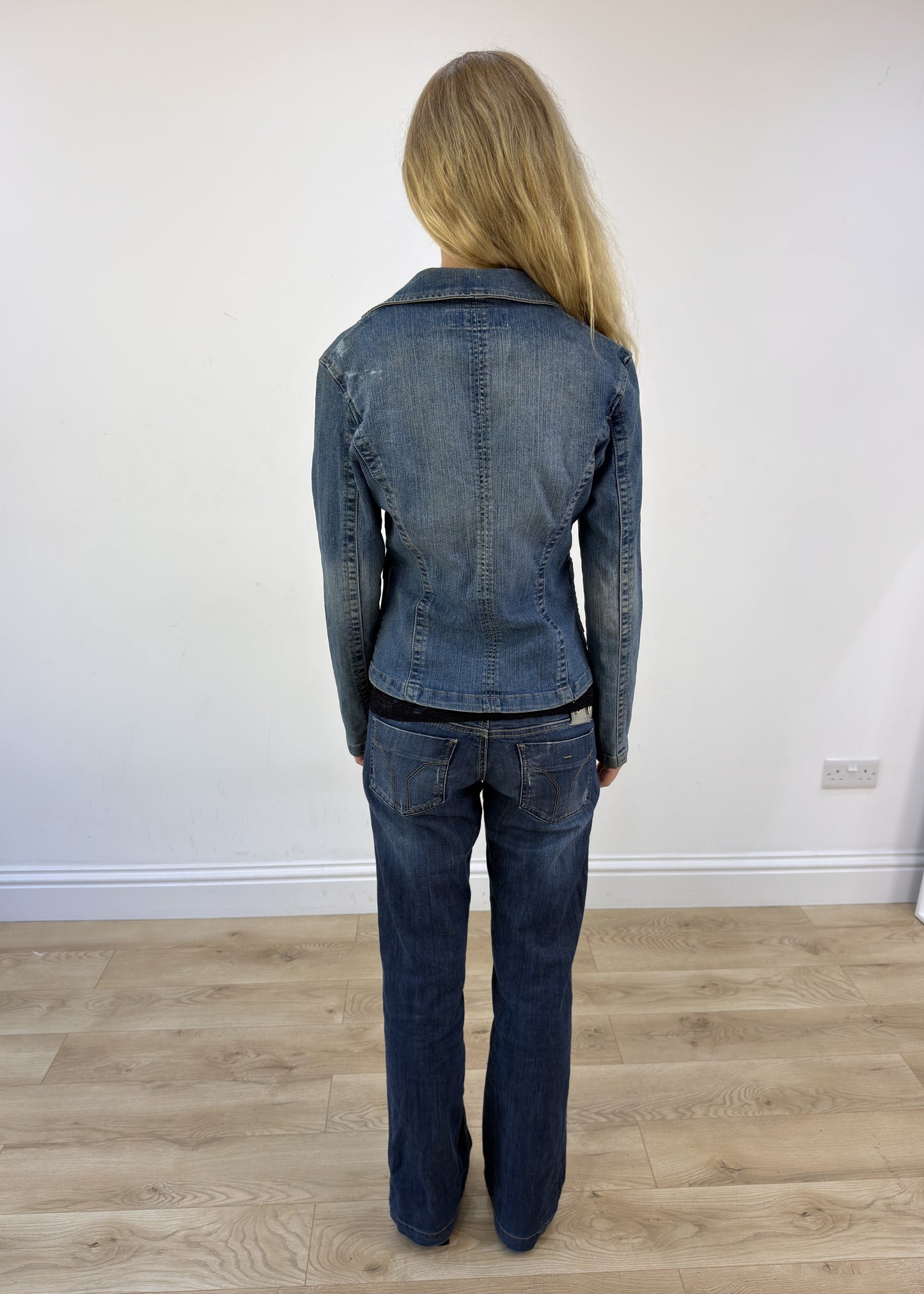 small denim blazer with embroidered crowns - back view