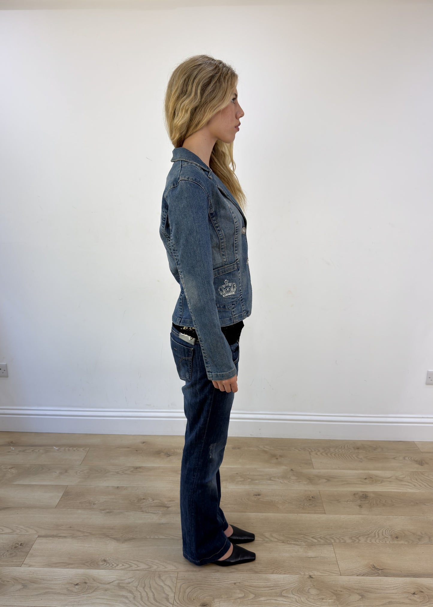 small denim blazer with embroidered crowns - other side view arms down