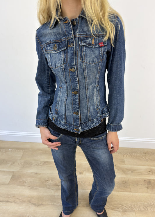 small dark wash denim jacket - aesthetic close-up