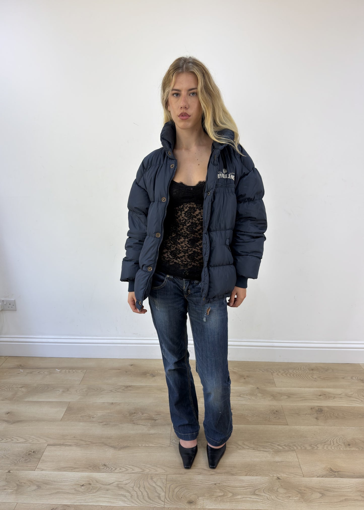 large navy Replay puffer jacket open or unzipped view