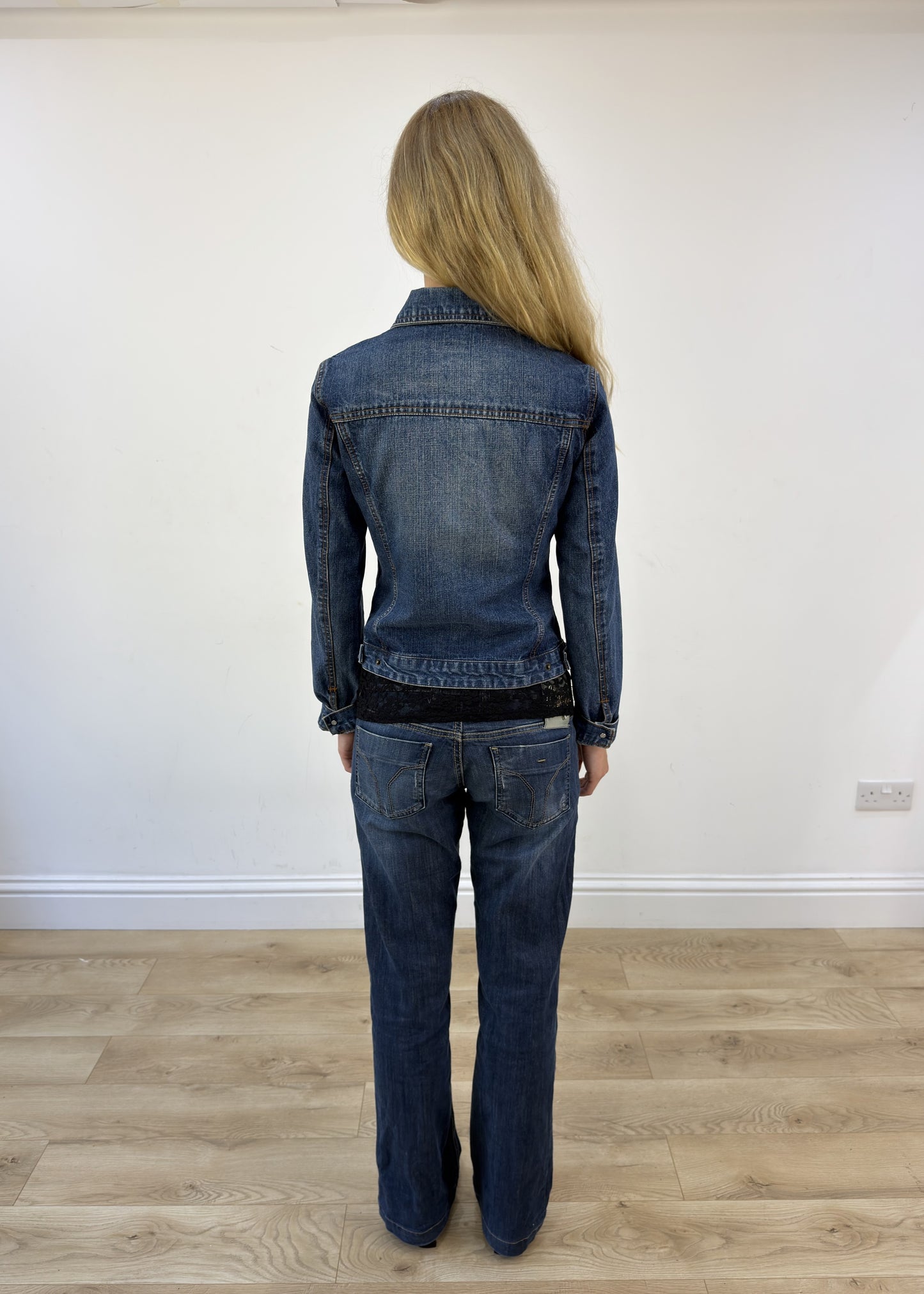 small dark wash denim jacket - back view