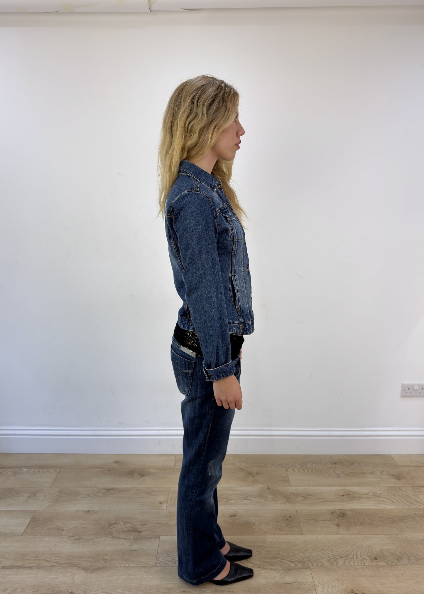 small dark wash denim jacket - other side view