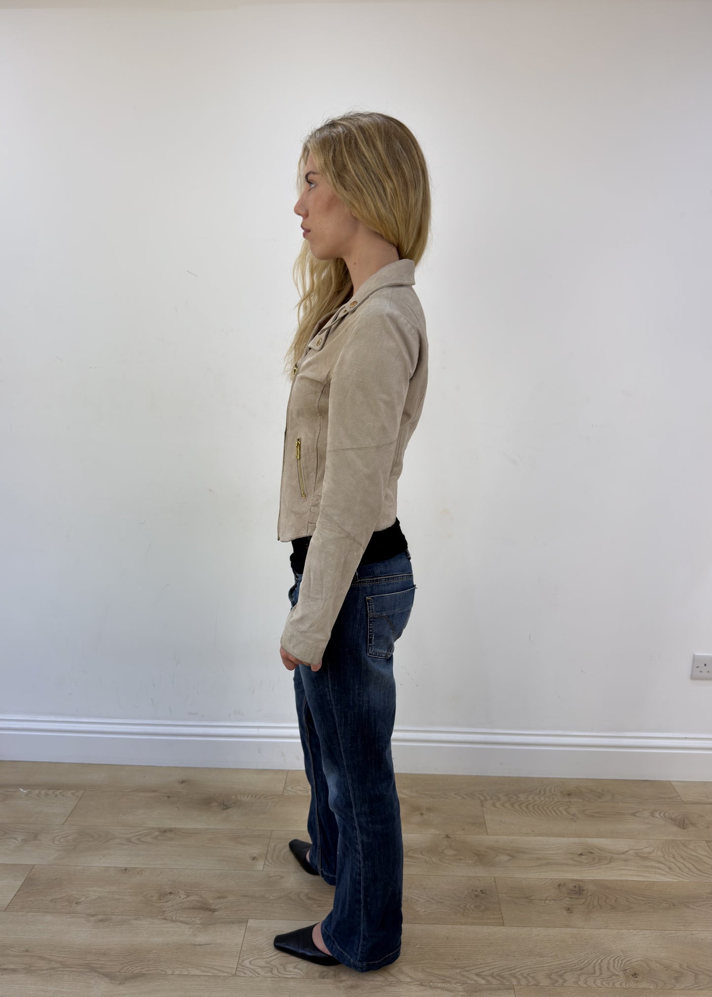 small beige leather zip jacket - side view