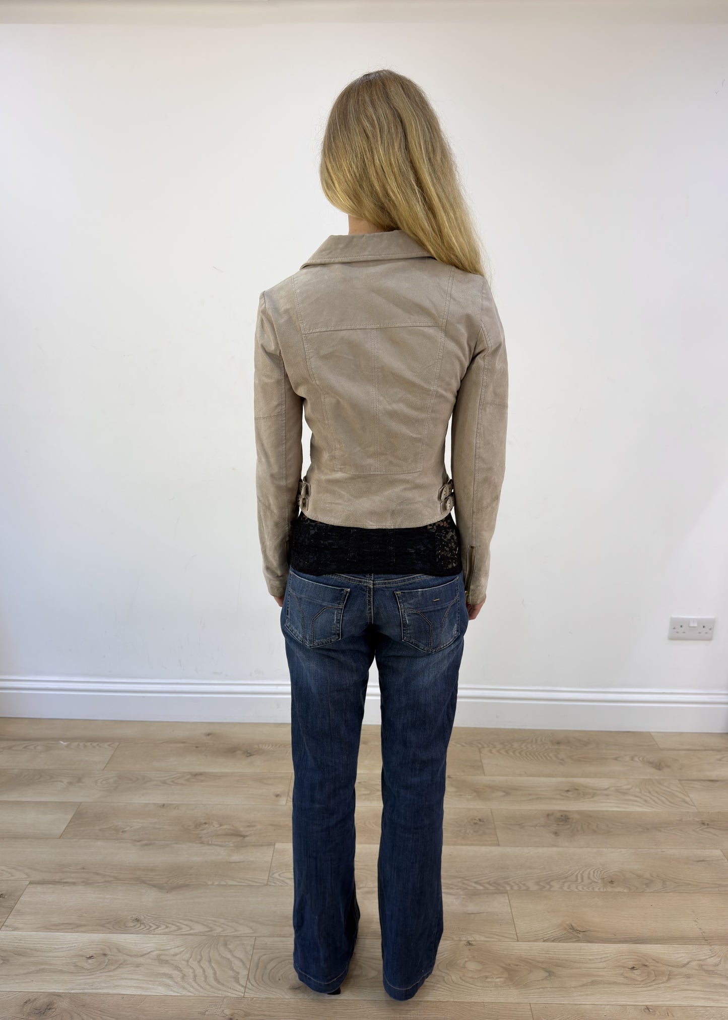 small beige leather zip jacket - back view