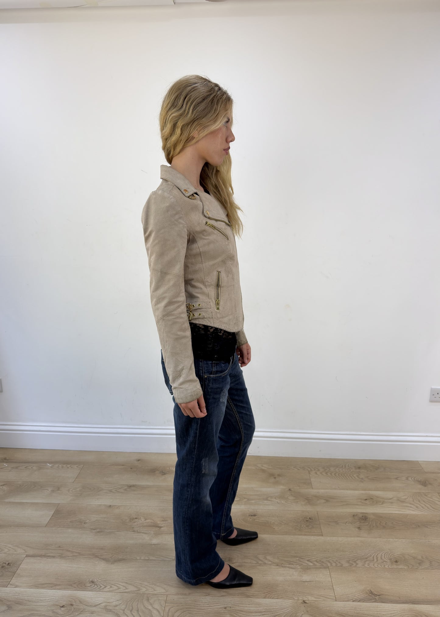 small beige leather zip jacket - other side view