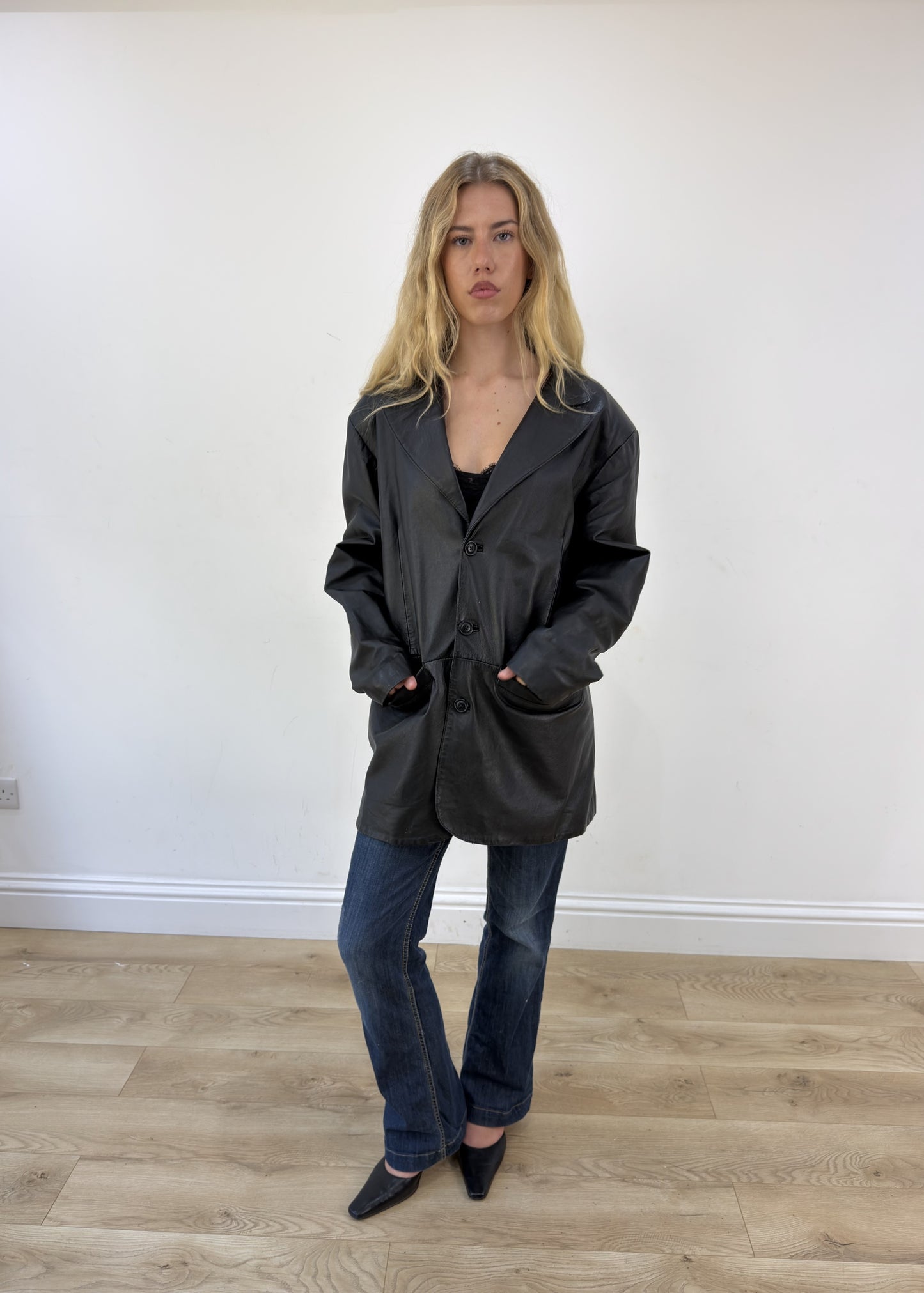 large black faux leather long jacket - full front