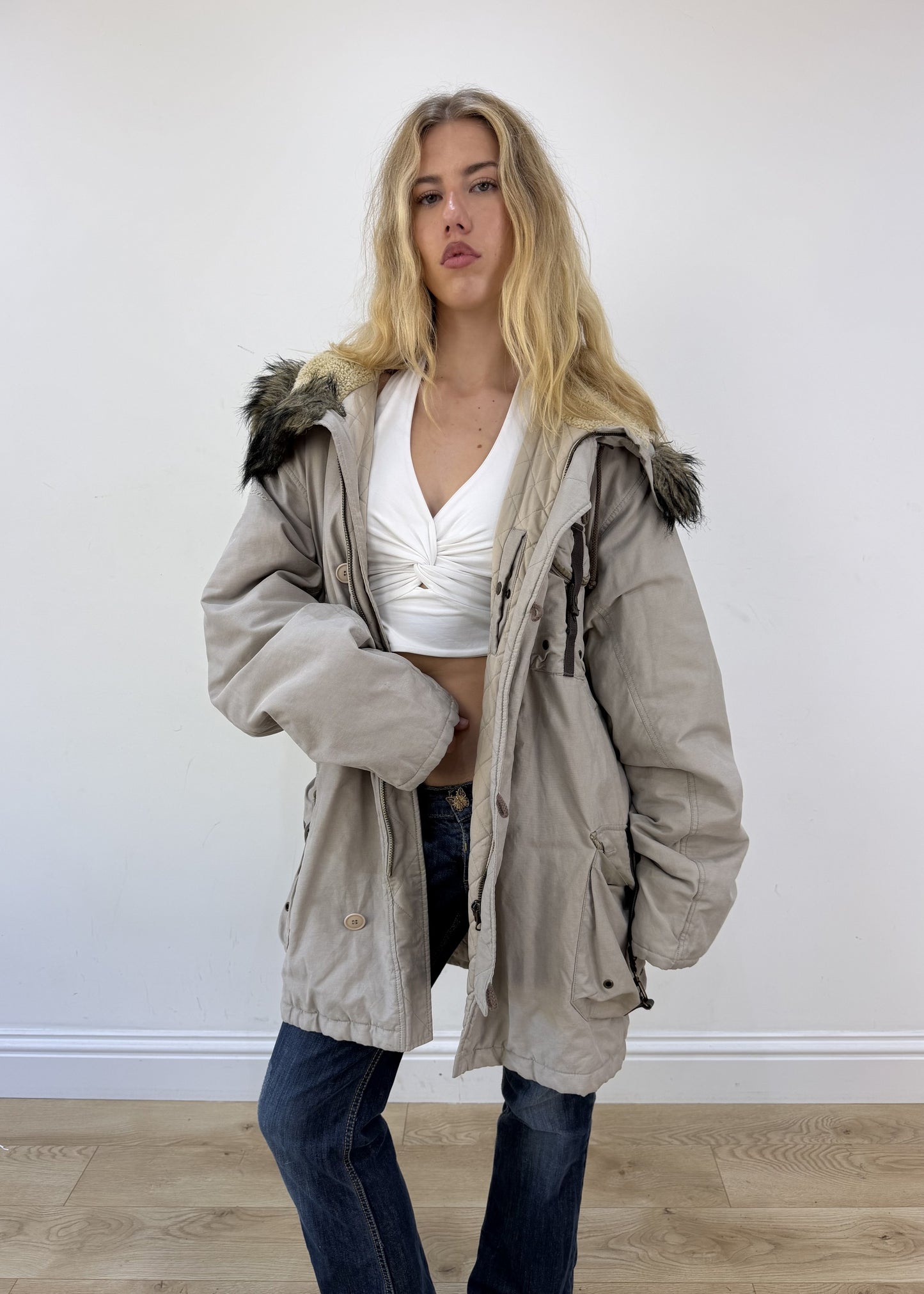 extra large beige Replay parka coat open or unzipped view
