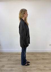 large black faux leather long jacket - other side view