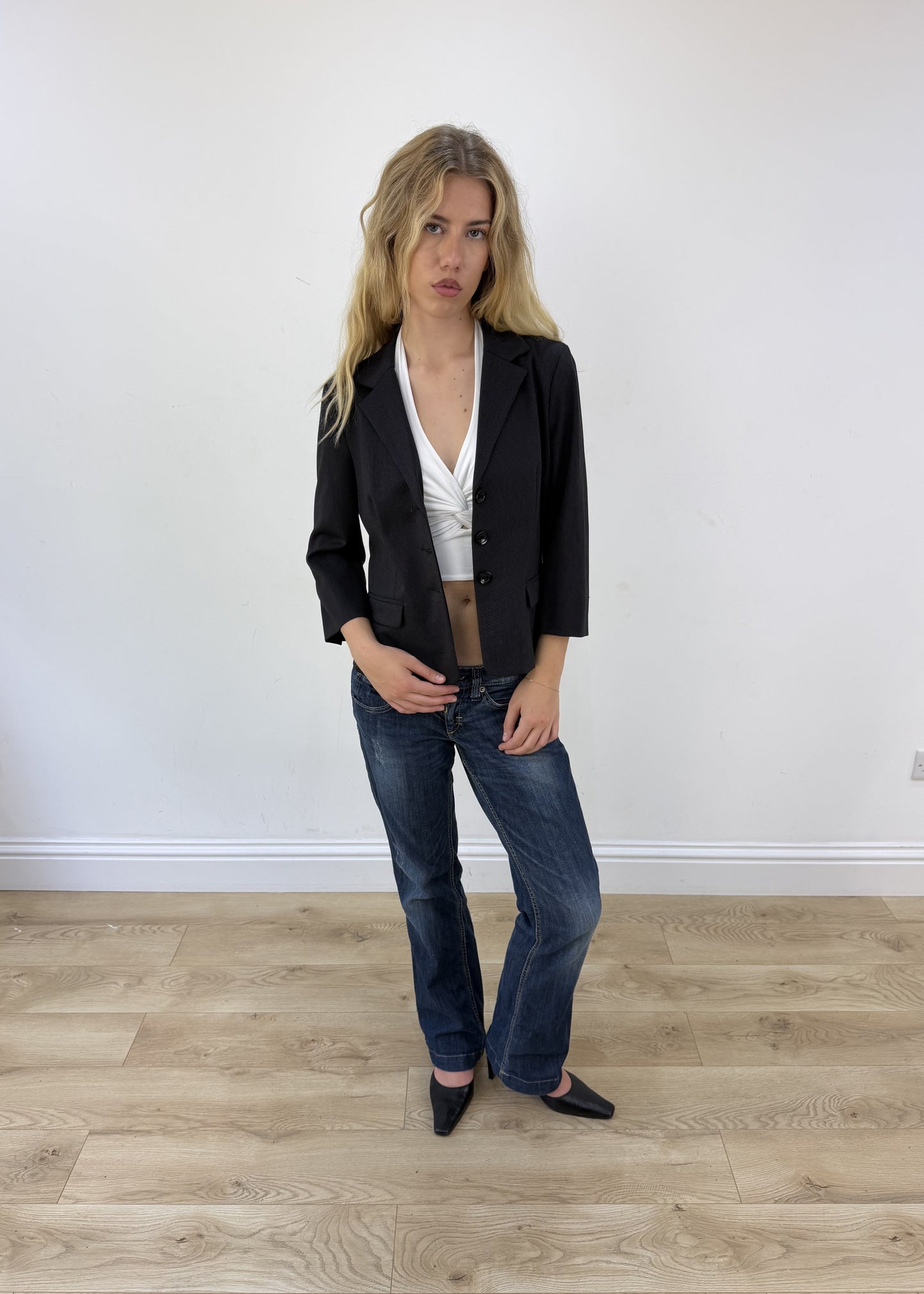medium black pinstripe blazer open or unzipped view