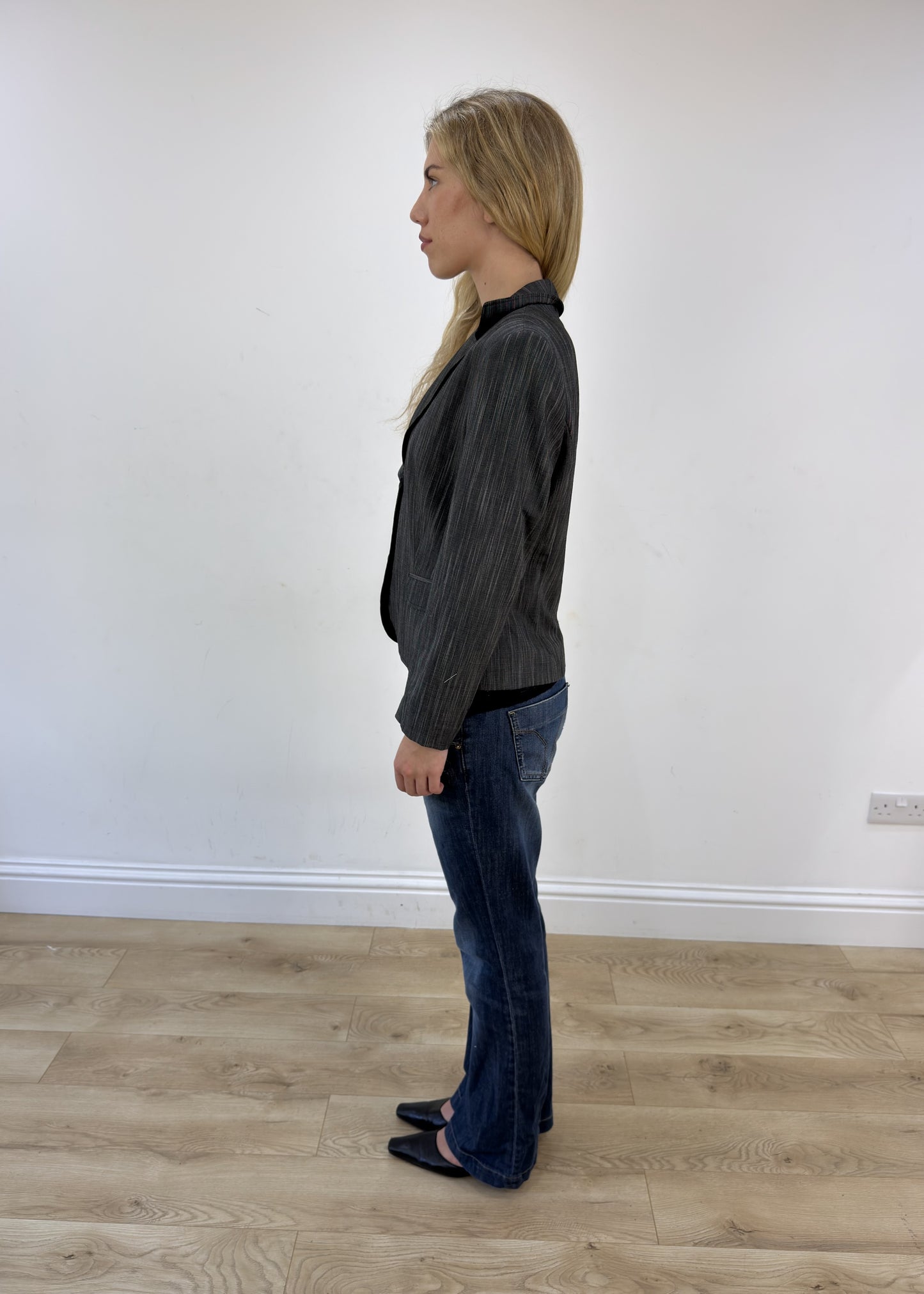 small grey striped blazer - side view
