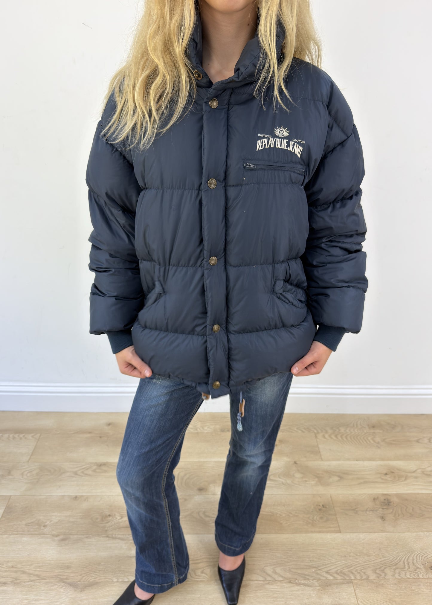 large navy Replay puffer jacket - aesthetic close-up