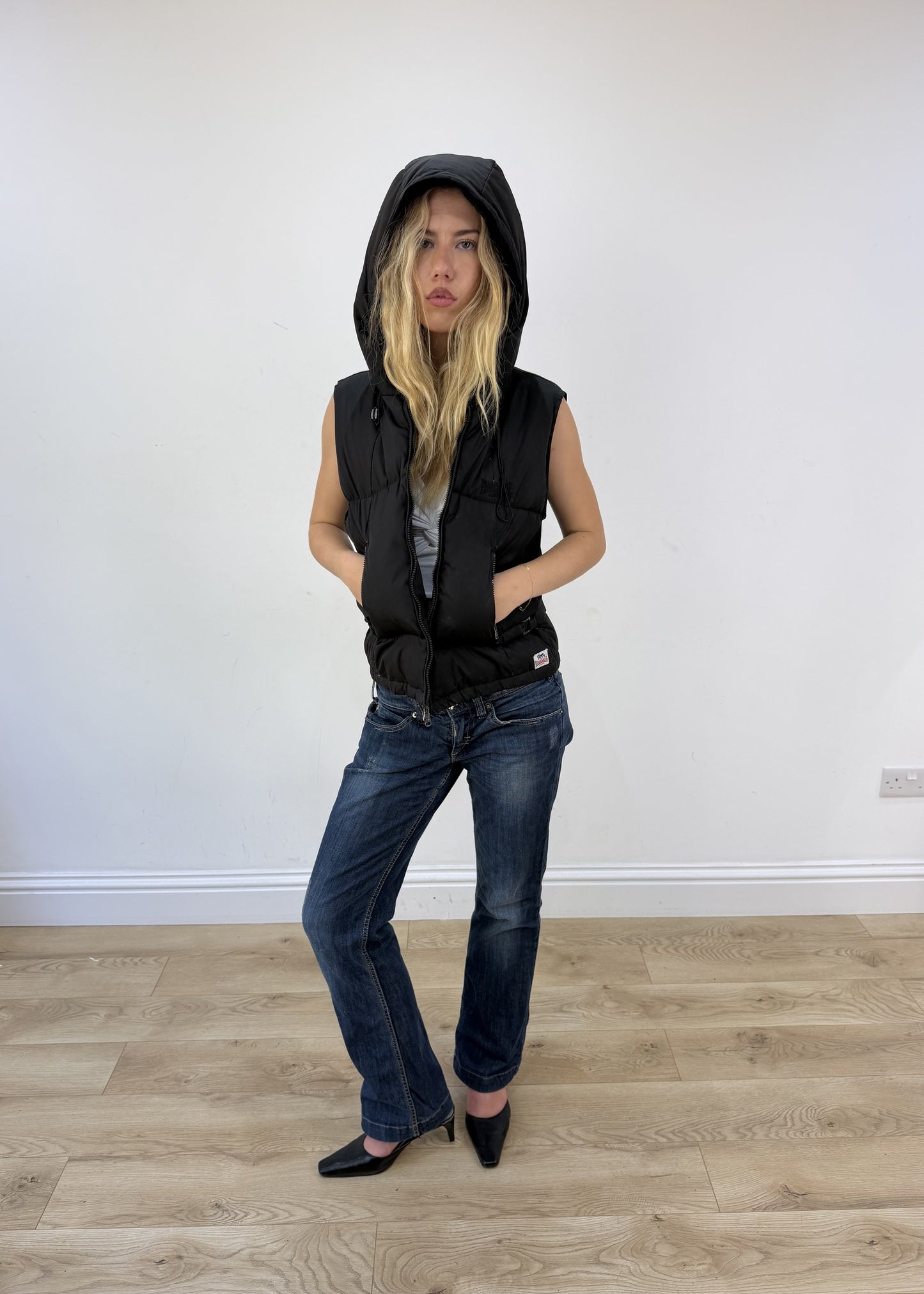 medium black Lonsdale puffer gilet open or unzipped view