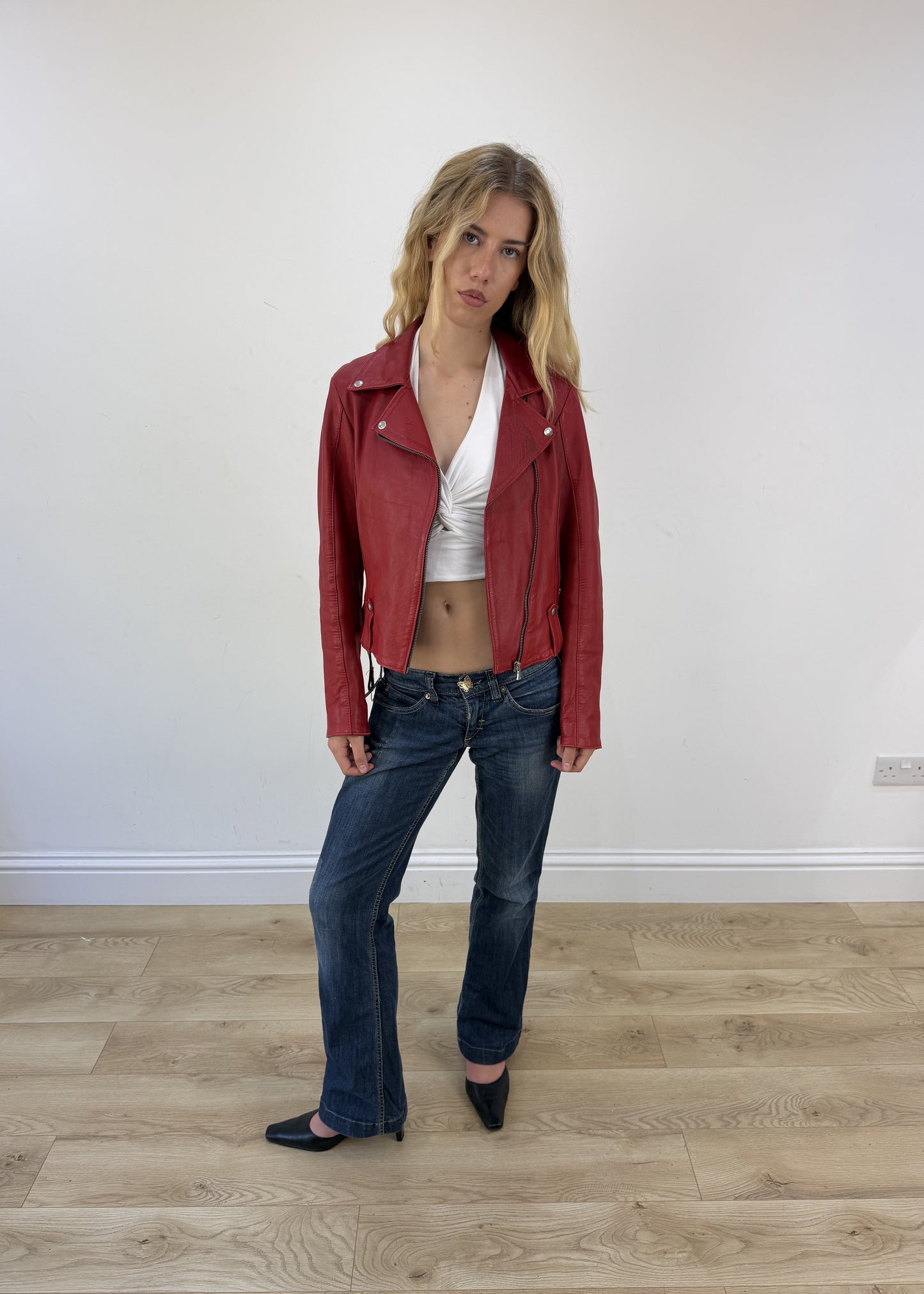 small red faux leather belted jacket open or unzipped view