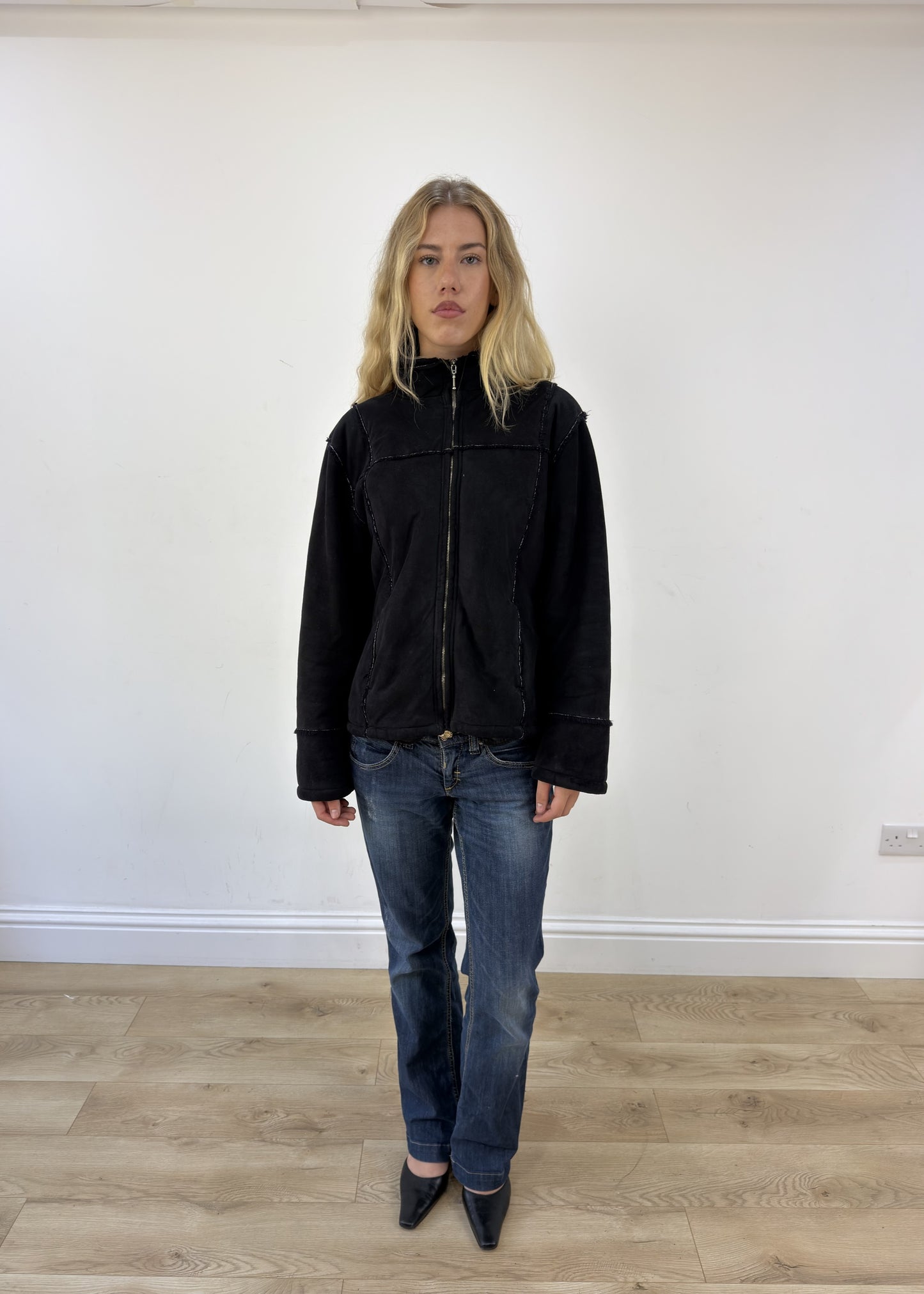 small black suede jacket with fur lining - full front