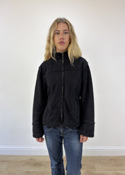small black suede jacket with fur lining - face close-up
