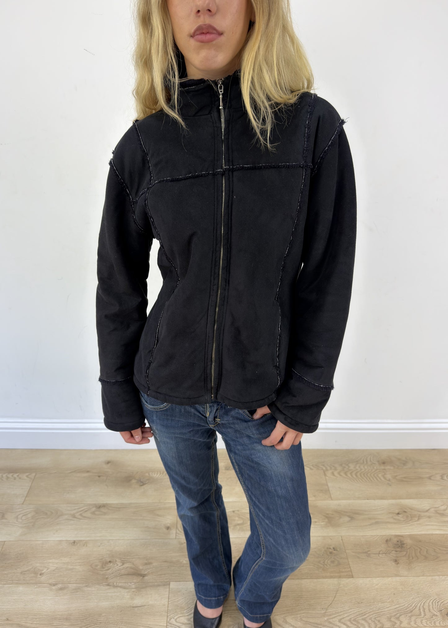 small black suede jacket with fur lining - aesthetic close-up
