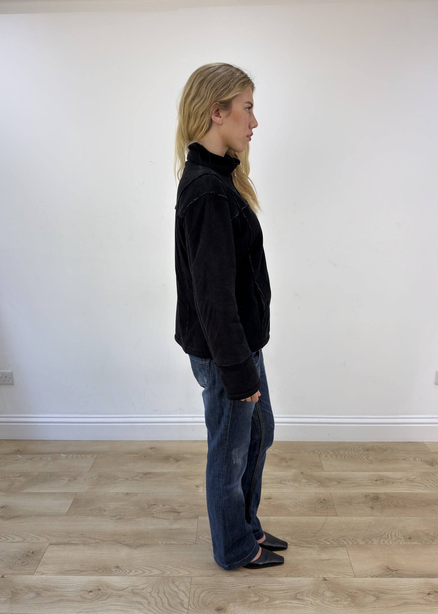 small black suede jacket with fur lining - other side view