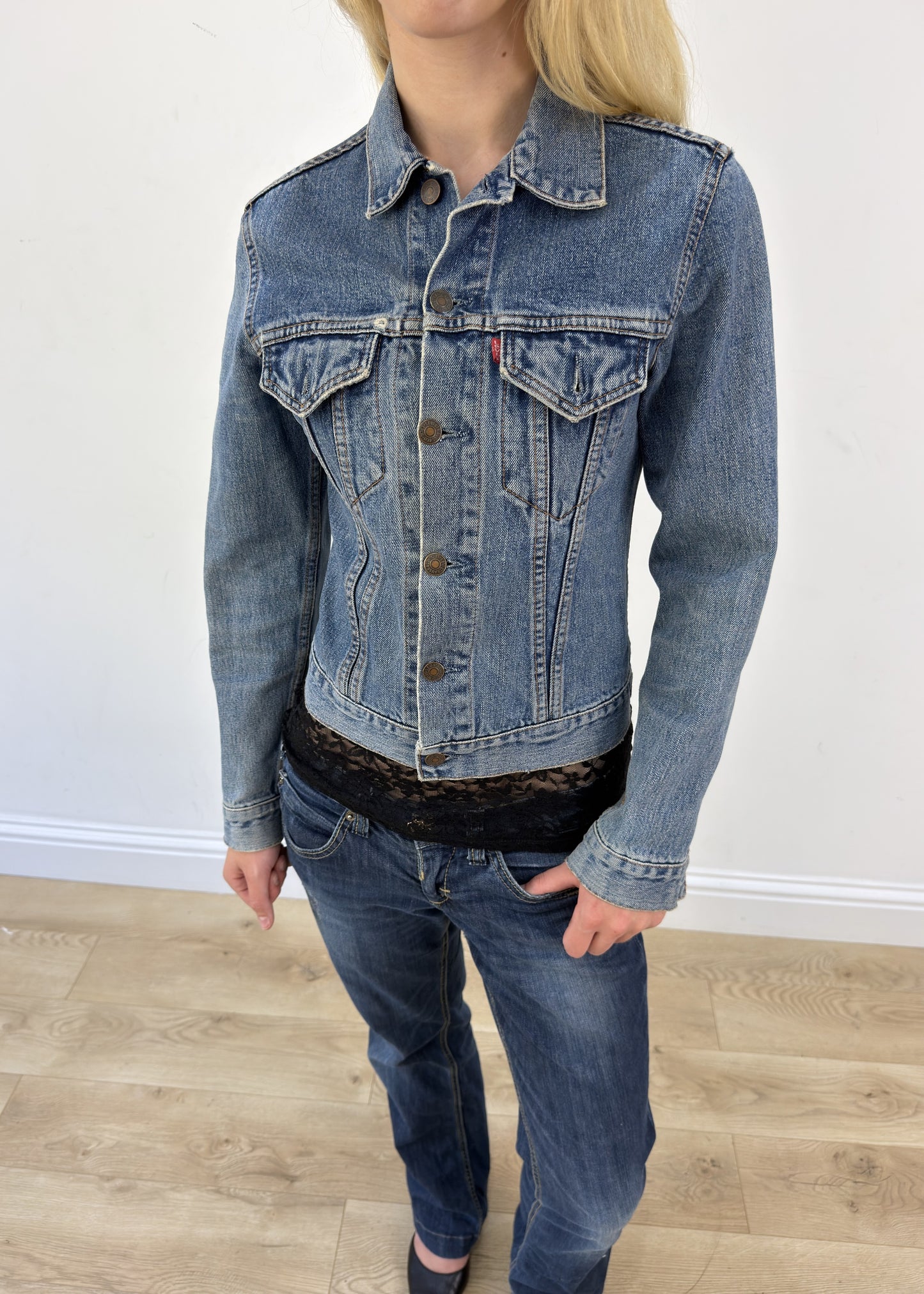 small blue Levi's denim jacket - aesthetic close-up